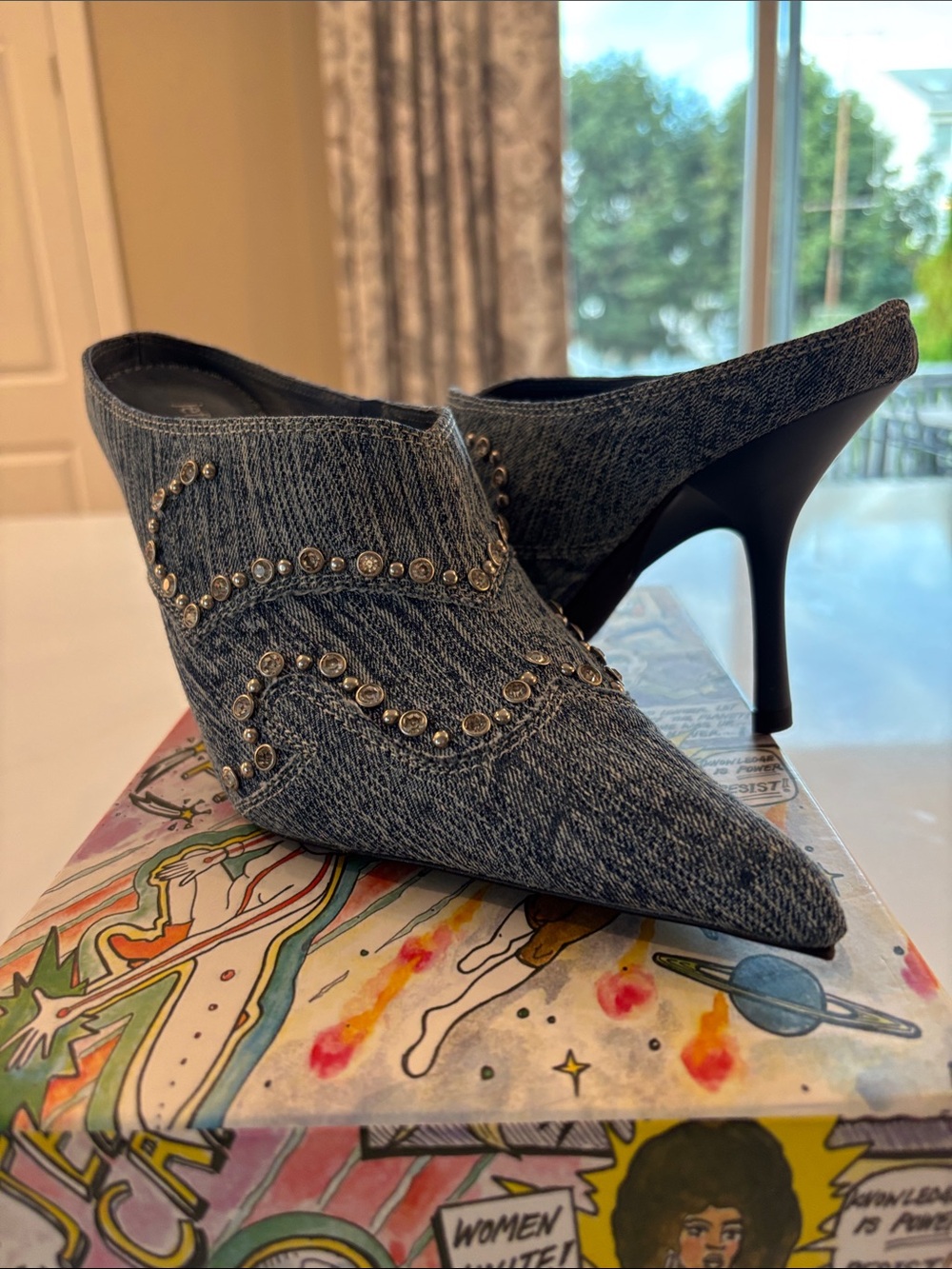 Jeffrey Campbell Grey Denim Studded Pointed-Toe Mules - Picture 5 of 9
